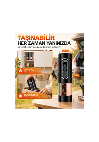 Auhma Ahb-15 Akıllı Led Ekranlı Şarjlı Otomatik Tuz Karabiber Öğütücü 3 Hız Ayarlı Seramik Bıçaklı Siyah
