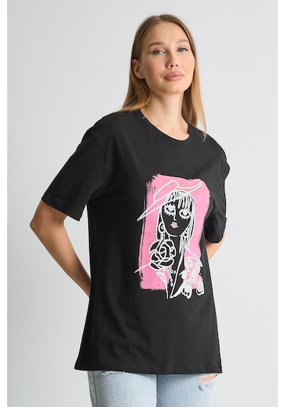 Alexandergardı Baskılı Bisiklet Yaka Kadın T-shirt Siyah