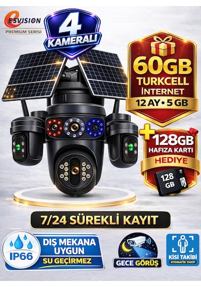 Esvision 7020 128gb 4 Kameralı 4g Çift Solar Panel 16x Zoom Dual Batarya Hieasy Aov Sürekli Kayıt Gece Görüş Çift Yönlü Ses Akıllı Kamera 1 Yıl İnternet