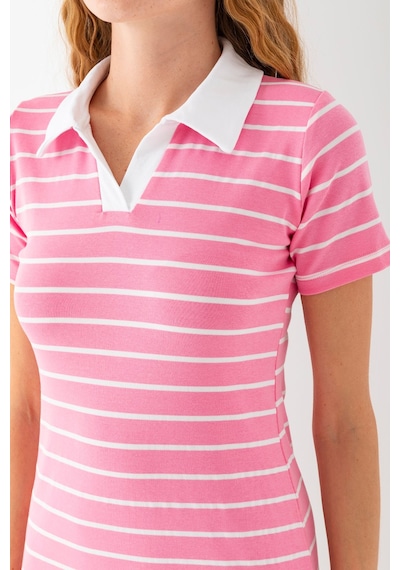 Giysa Kadın Polo Yaka Kısa Kollu Çizgili Elbise Pembe Beyaz - 25538 Pembe - Beyaz