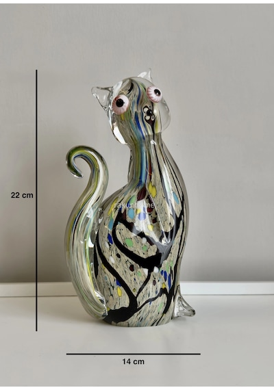 El Yapımı Murano Cam Kedi Objesi Üfleme Cam Sanatı 1 Adet