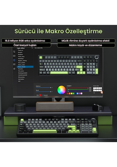 Aula F99 Pro 3 Modlu Rgb Hot Swap Mekanik Graywood V3 Switch Kablosuz Makrolu Gaming Klavye Yeşil