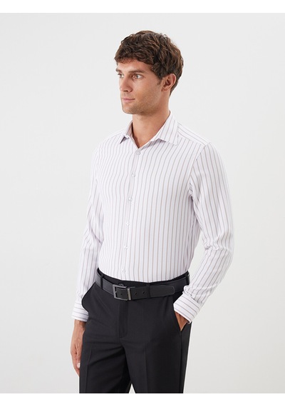Lcw Busıness Bej Slim Fit Uzun Kollu Çizgili Armürlü Erkek Gömlek