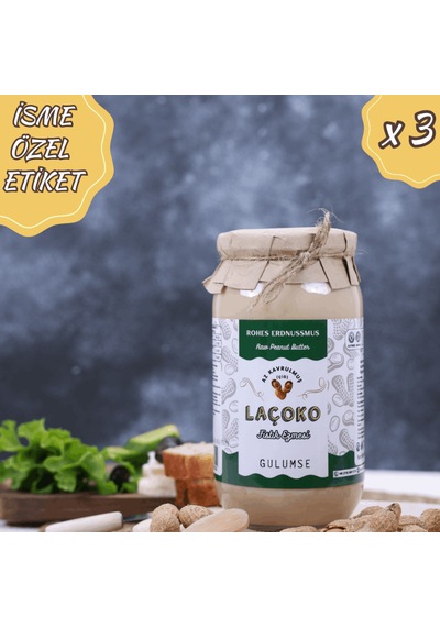 Laçoko İsme Kişiye Özel Şekersiz Saf Katkısız Fıstık Ezmesi Glutensiz Vegan Doğal Az Kavrulmuş Çiğ Yer Fıstığı Ezmesi 3 x 1 KG