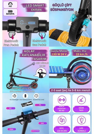 Elektrikli Çocuk Scooter - Çift Frenli Katlanabilir - Led Işıklı - Ön Çift Süspansiyonlu 8+ Siyah