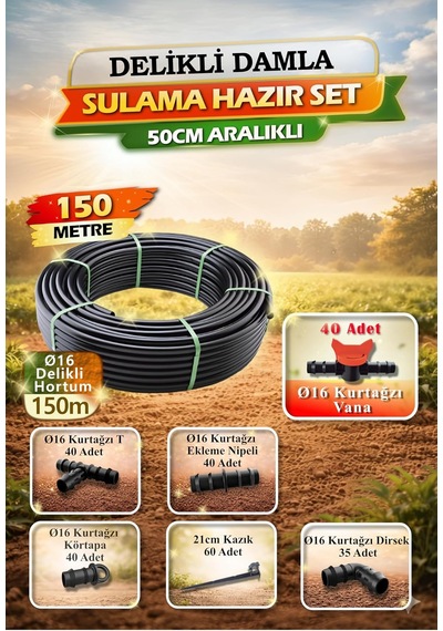 Hazır Delikli Damla Sulama Seti 150m 16mm 50cm Aralıklı, Damlatıcı Bağlantı Parçaları Dahil, Bahçe Tarla