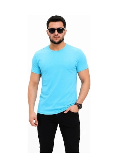 Defymoda Erkek Basic Tişört Bisiklet Yaka Kısa Kol Günlük Yazlık Slim Fit T-shirt - Açık Mavi