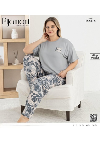 Pijamoni Kadın Ring Viskon Bisiklet Yaka Kısa Kol İnce Pijama Takımı 1445/4 - 1 Adet Gri