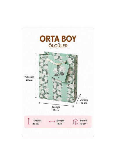 50 Adet 23 X 18 X 10 Cm - Mint Çiçek Desenli Orta Boy Karton Hediye Çantası 3+