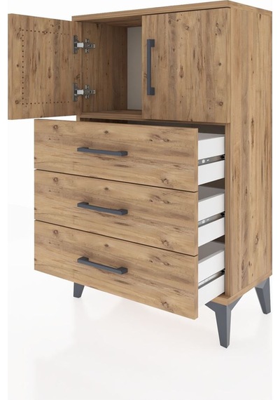 Arges Komodin Tek Raflı 3 Çekmeceli 2 Kapaklı 60x30x96 Çam-çam Çam