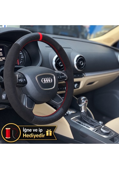 Audi A5 8t Dikme Direksiyon Kılıfı Alcantara Süet Mat Karbon Kırmızı Yüzük Ve Dikiş 2012-2016