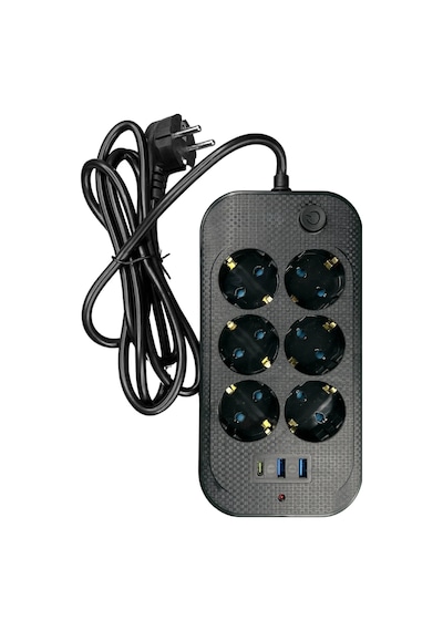 Exenar - Siyah - Yüksek Akım Korumalı 6 Lı Grup Priz Kablolu 2m Priz 2 Usb-a 1 Type-c Girişli Fiş 2 Metre Kablolu 2 M