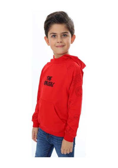 Toontoy Kids Toontoy Erkek Çocuk Relax Fit Kapüşonlu Cepli Reglan Kol Baskılı Sweatshirt - 2 İplik Kırmızı