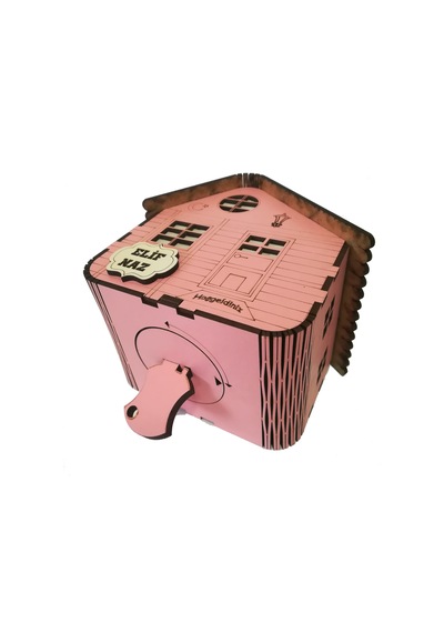 Kişiye Özel Dekoratif Ahşap Pembe Dağ Evi Kumbara -Tipbox