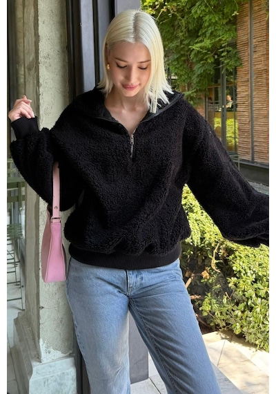 Siyah Peluş Fermuar Yaka Sweatshirt Mg1413 Siyah
