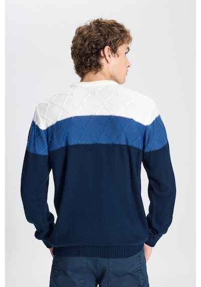 AC&Co / Altınyıldız Classics Erkek Ekru-lacı Standart Fit Normal Kesim Bisiklet Yaka Colorblock Desenli Yünlü Triko Kazak Ekru - Lacivert