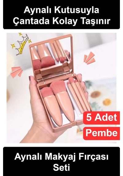Makyajfırçası 5 Parça Aynalı Makyaj Fırçası Seti Taşınabilir Kutulu Mini Fondöten Pudra Far Dudak K