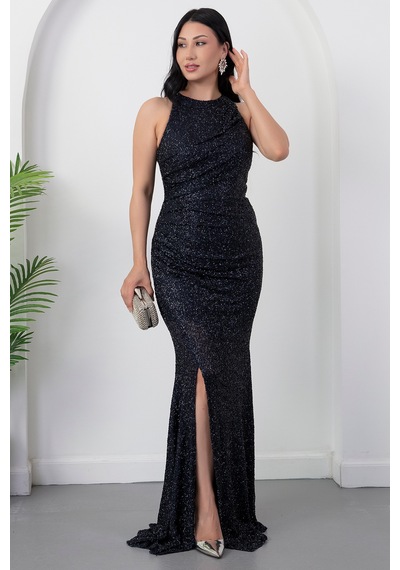 Kalopya Halter Yaka Yırtmaçlı Boncuklu Elbise 41099 Lacivert