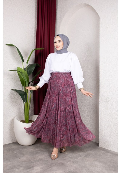 Hira Life Fashion Asimetrik Kesim Etnik Desen Astarlı Tül Tesettür Etek Bordo Bordo