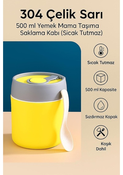 304 Çelik Sarı 500 Ml Yemek Mama Taşıma Saklama Kabı Sıcak Tutmaz Cin560sr Genel