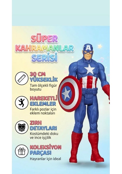 Avengers Süper Kahraman Serisinden Kaptan Amerika Haraketli Eklemli 30 Cm Detaylı Oyuncak Figür