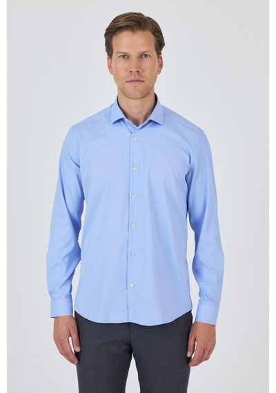İmza Uzun Kol Düz Bez Ayağı Sert Yaka Cepsiz Pamuklu Classic Slim Fit Gömlek 1004250160 Mavi