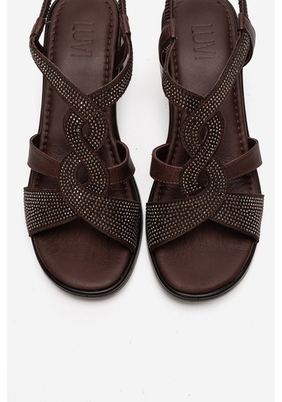 Luvishoes Dolen Kahverengi Hakiki Deri Kadın Taşlı Kalın Topuk Sandalet