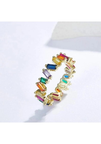 Renkli Baget Taşlı Rainbow Rhinestone Kaya Kristali Yüzük 8