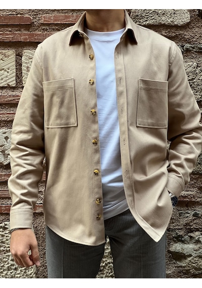 Oversize Gabardin Pamuklu Hediye Kutulu Erkek Ceket Gömlek Fs-003868 - Bej-2554