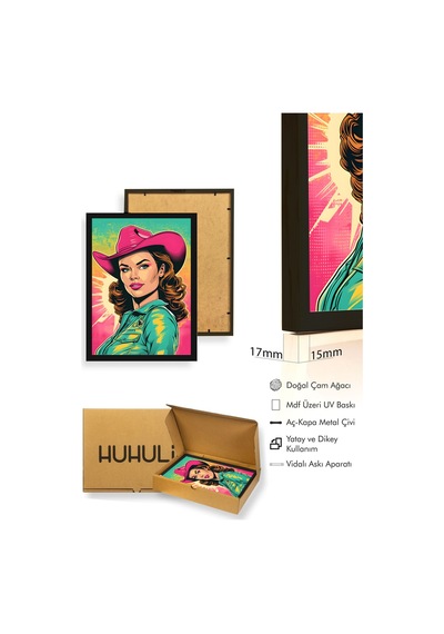 Doğal Ahşap Çerçeveli Pop Art Portre Tablo - Retro Pembe-turkuaz Huhu1778