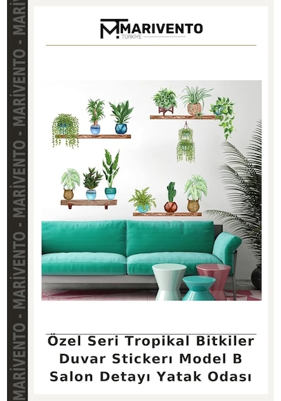 Özel Seri Tropikal Bitkiler Duvar Stickerı Model B Salon Detayı Yatak Odası Çok Renkli