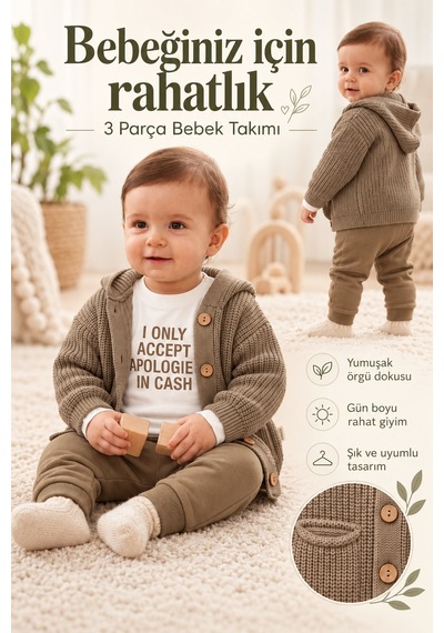 Ahengim Erkek Bebek 3 Parça Kapüşonlu Örgü Hırka Tişört Ve Pantolon Takım Ak50749 Kahverengi