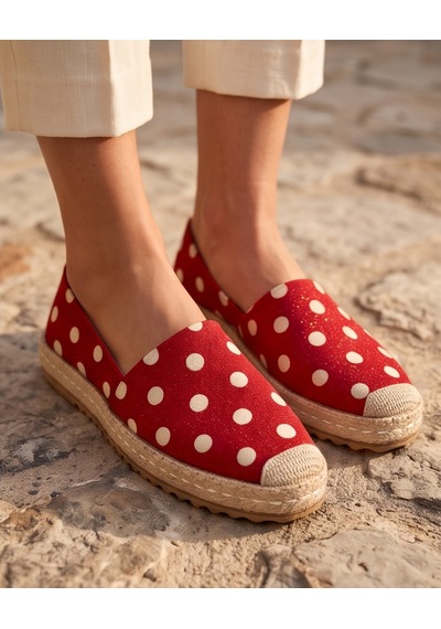 Futsishoes Lucıa Kırmızı Puantiyeli Hakiki Deri Dikiş Detaylı Kadın Espadril