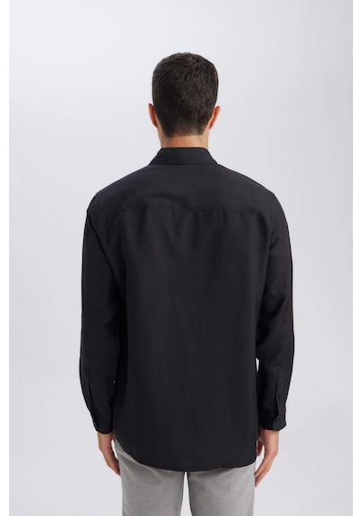 Defacto Siyah Relax Fit Polo Yaka Twill Modal Karışımlı Basic Düz Uzun Kollu Gömlek D3376AX24AUBK26 Siyah