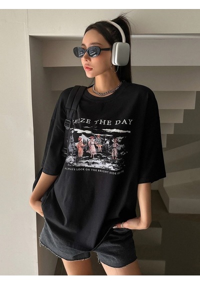 Flood Of Style Kadın Siyah Seize The Day Baskılı Oversize T-shirt