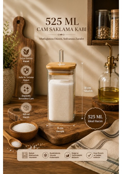Porsima Cubes 2'li Bambu Kapaklı Borosilikat Cam Yağlık Ve Saklama Kabı Seti 525 Ml 9x18 Cm Cam Şeffaf