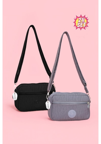 Westbag Kadın Çapraz Askılı Üç Gözlü Fermuarlı Krinkıl Günlük Omuz Çantası 2'li Set Siyah - Gri