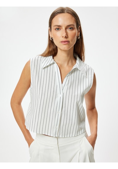 Koton Crop Kolsuz Gömlek Pamuklu Bol Kalıp Beyaz Çizgili 4sak60432pw Beyaz