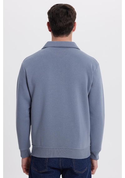 Tudors Unisex Relax Fit Rahat Kesim Pamuklu İç Polarlı Fermuarlı Gri Polo Yaka Flato Cepli Sweatshirt Hırka-41977 Gri