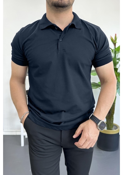 Erkek Slim Fit Düz Renk Pamuklu Soft Polo Tişört Lacivert Edw365 Lacivert