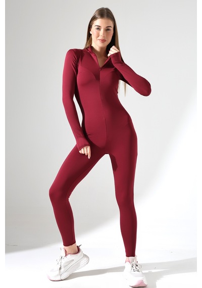 Winmoda34 Kadın Dalgıç Tulum Uzun Kollu Parmak Geçirme Detaylı Spor Tulumu Bordo