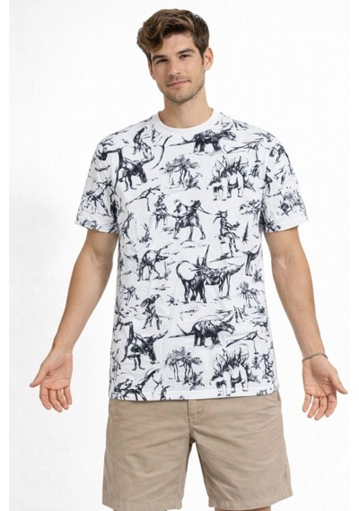 Erkek Dinozor Dijıtal Ön Ve Arka Baskılı Tişört Bisiklet Yaka T-shirt - Beyaz