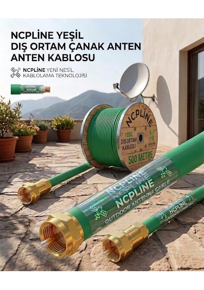 30 Metre Yeşil Uydu Anten Kablosu Rg6 U4 64 Telli Uçları Takılı li 4k Hd