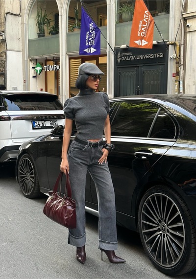 Meecy Kadın Baggy Jean Yüksek Bel Palazzo Esnek Kot Pantolon Gri Gri
