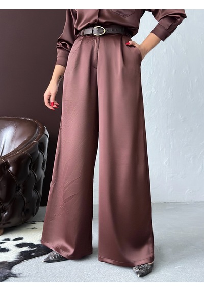 Verymoda Yüksek Bel Bol Paça Saten Pantolon Şık Ve Rahat Tasarım F2052 Kahve