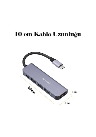 Type-c To Hdmı 4k 30hz Çevirici Kablo 1 Usb 3.0 + 2 Usb 2.0 Çoklayıcı Hub + Pd 87w Adaptör 5 İn 1