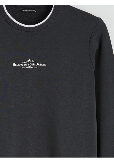 Lcwaıkıkı Classic Antrasit Bisiklet Yaka Baskılı Erkek Sweatshirt