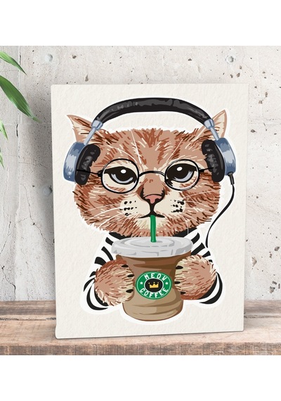 Bk Gift Kahve İçen Kedi Tasarımlı Dekoratif Mini Kanvas Tablo 15x