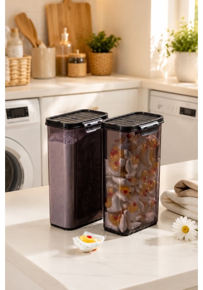 Porsima L-00895 2'li Erzak Saklama Kabı Seti Hava Geçirmez Kapaklı,düzenleyici Mutfak Saklama Kabı,tablet Toz Deterjan Saklama Kabı 2,5 Litre Füme
