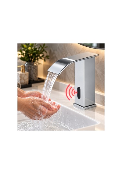 Rena Design Fotoselli Sensörlü Krom Kare Lavabo Bataryasi Temassiz Otomatik Tasarruflu Modern Musluk